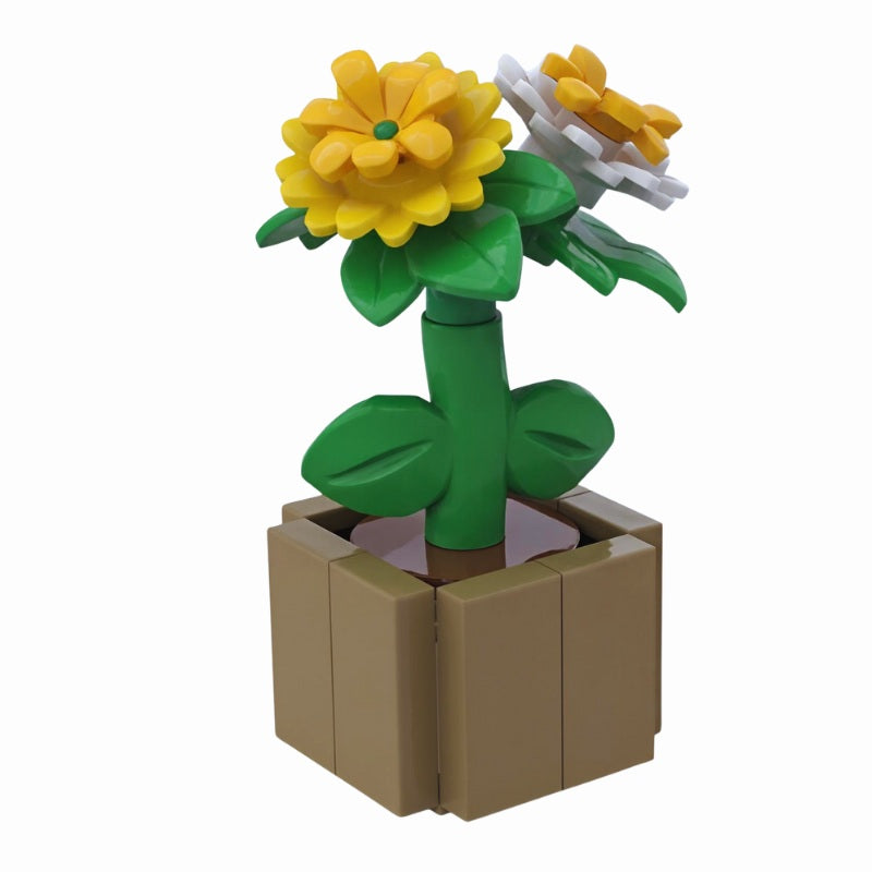 Brick-built set of three dahlia flowers in yellow and white, placed in a compact LEGO flowerpot – elegant floral display by Brickis