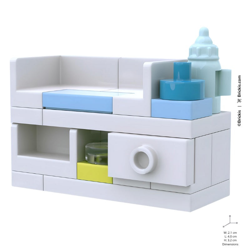 Custom LEGO baby changing station MOC with nursery accessories, minifigure-scale diaper table and bottle, designed by Brickis.