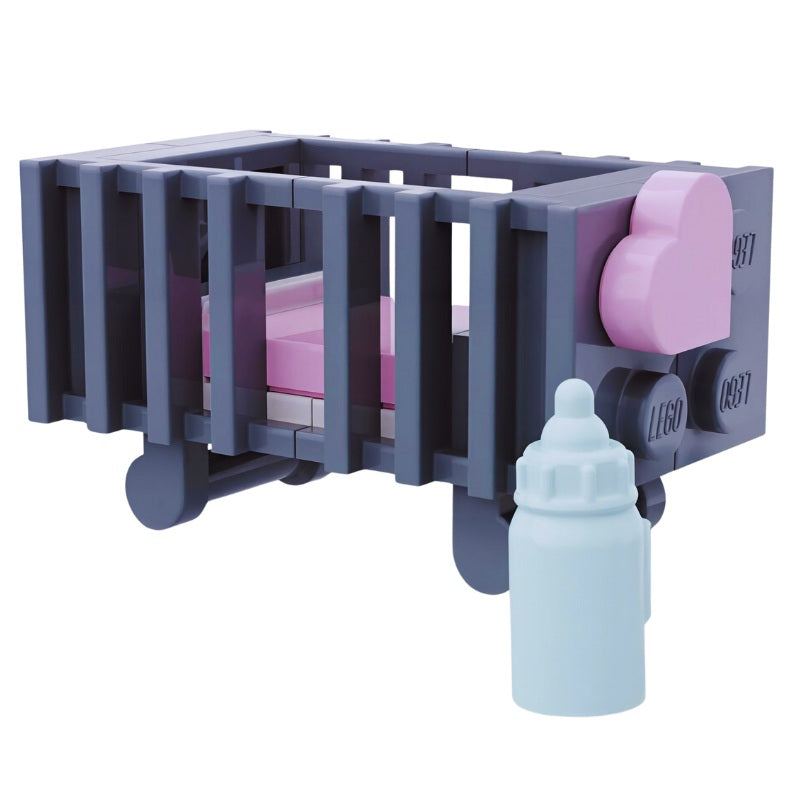 Dark gray LEGO baby bed build with bottle – ideal for baby shower or birth announcement MOC
