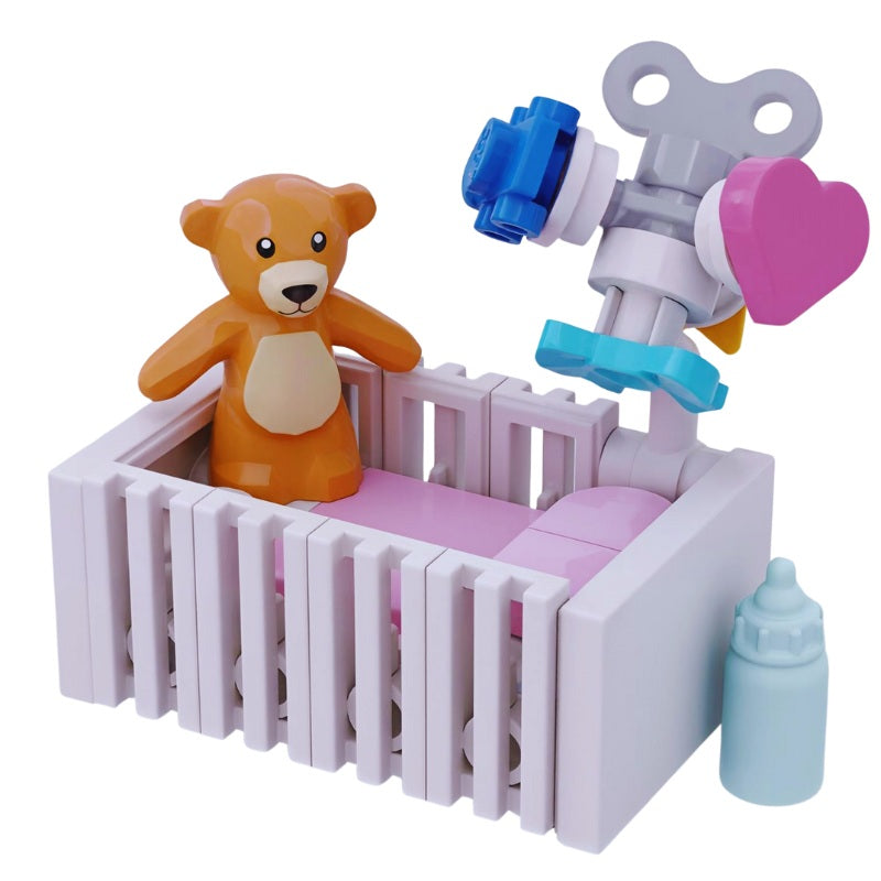 LEGO crib bedding set for a baby girl nursery, featuring pastel pink elements and baby accessories – perfect for newborn and toddler-themed mini build MOCs.