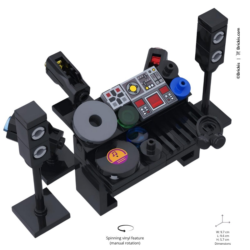 
                  
                    Custom LEGO DJ Booth inspired by techno concerts, with turntable, colorful lights, and speakers, in minifigure scale.
                  
                