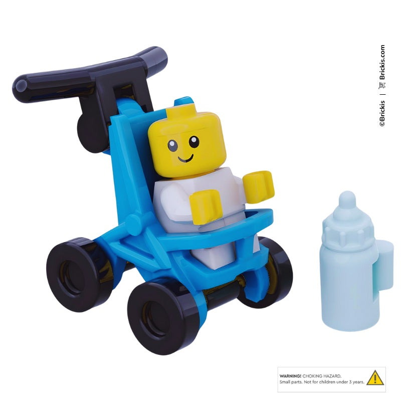 
                  
                    Minifigure-scale LEGO baby buggy, blue frame with milk bottle and push handle, custom Brickis design
                  
                