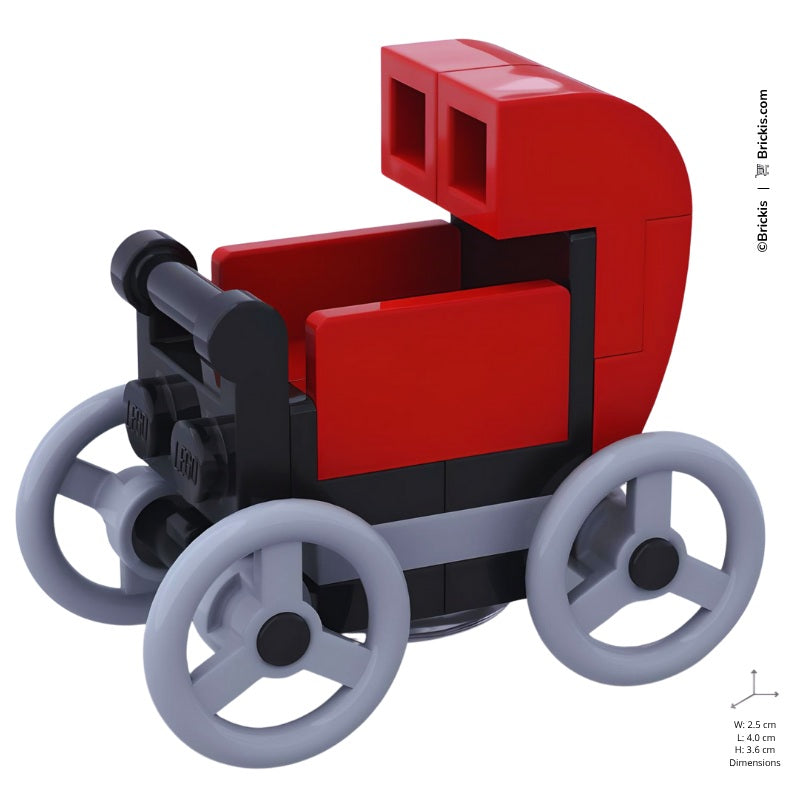 LEGO custom baby stroller in vibrant red with nursery canopy, perfect minifigure-scale accessory for playful nursery-themed creations.