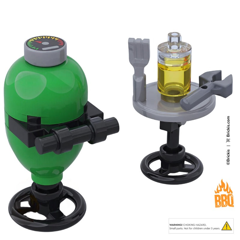 LEGO mini-build deluxe green Kamado BBQ grill with round side table, oil bottle, and utensils – custom brick-built barbecue set by Brickis