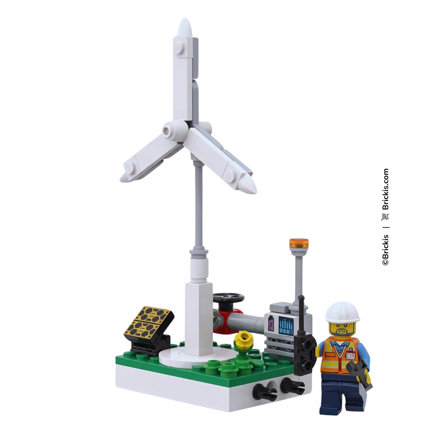 Custom LEGO renewable energy model as a corporate gift for employee recognition, featuring wind turbine, solar panel, and energy control system