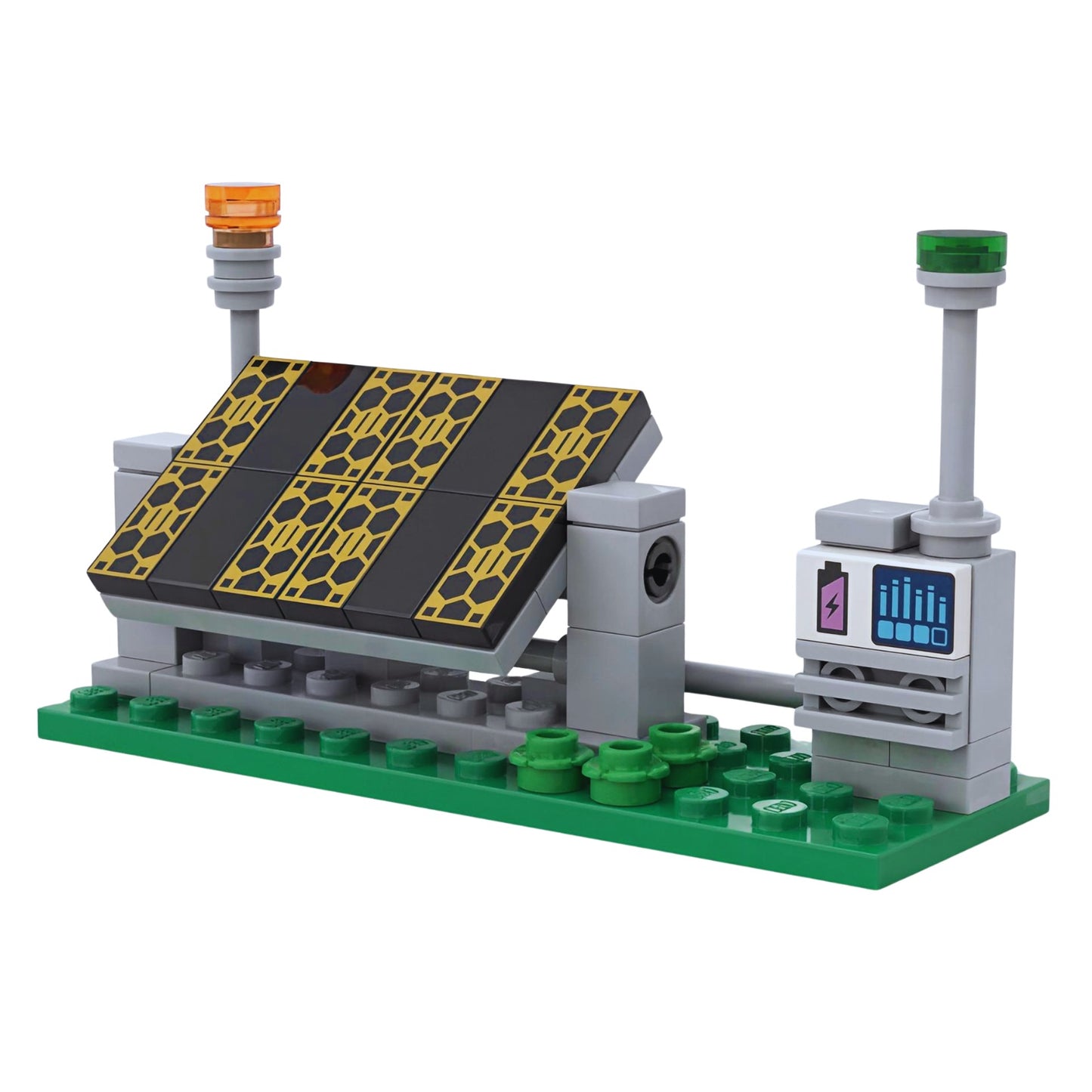 LEGO solar energy station with photovoltaic panels and smart control unit renewable energy model