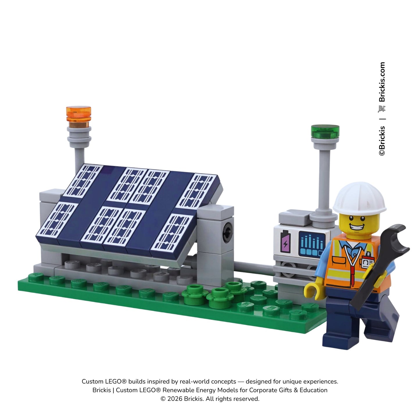 LEGO renewable energy technician minifigure holding a wrench next to a solar panel installation system