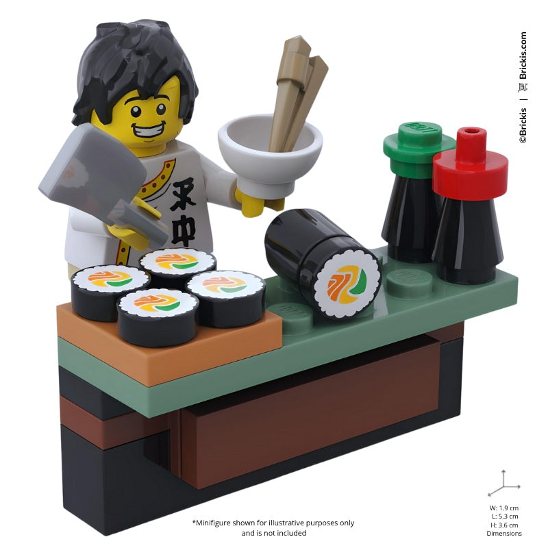 LEGO Brick-built sushi bar model featuring traditional Japanese food elements and miniature serving table