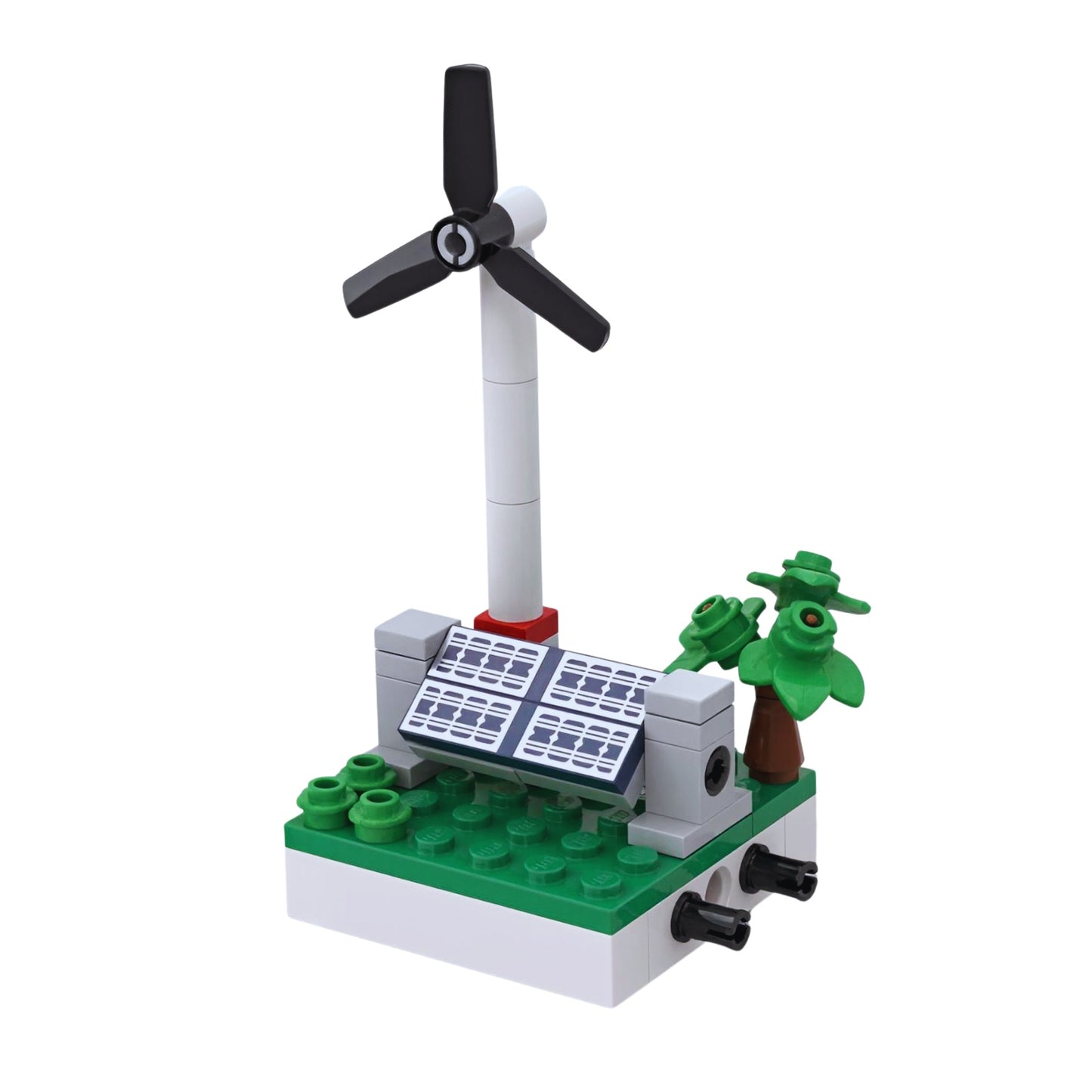 LEGO renewable energy station with wind turbine and solar panels custom MOC by Brickis