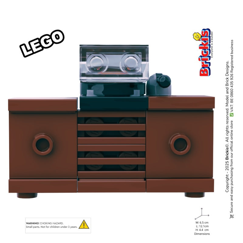 
                  
                    LEGO Vintage-inspired record player featuring a rotating turntable, one record, and a clear dust cover.
                  
                