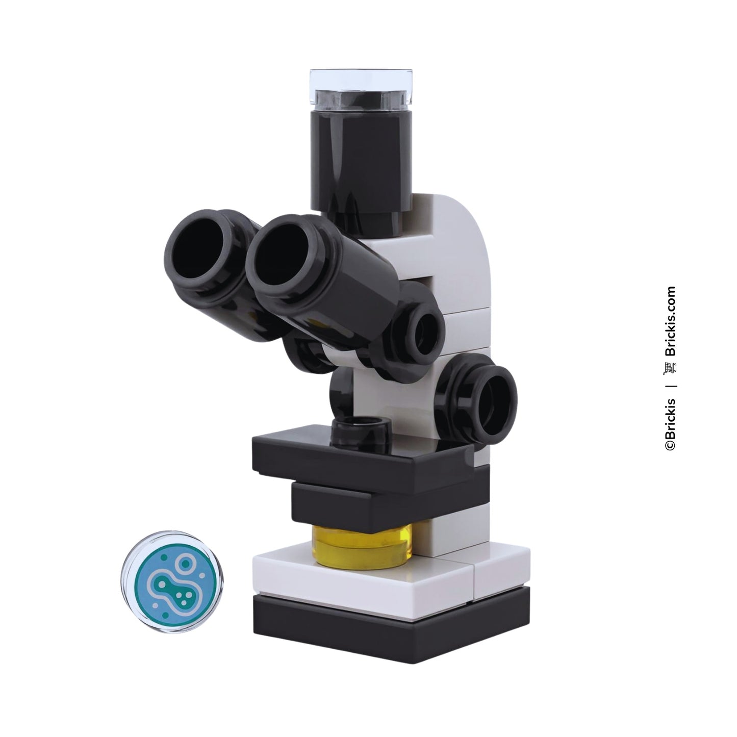 Custom LEGO binocular microscope with Petri dish cell culture sample for laboratory research by Brickis