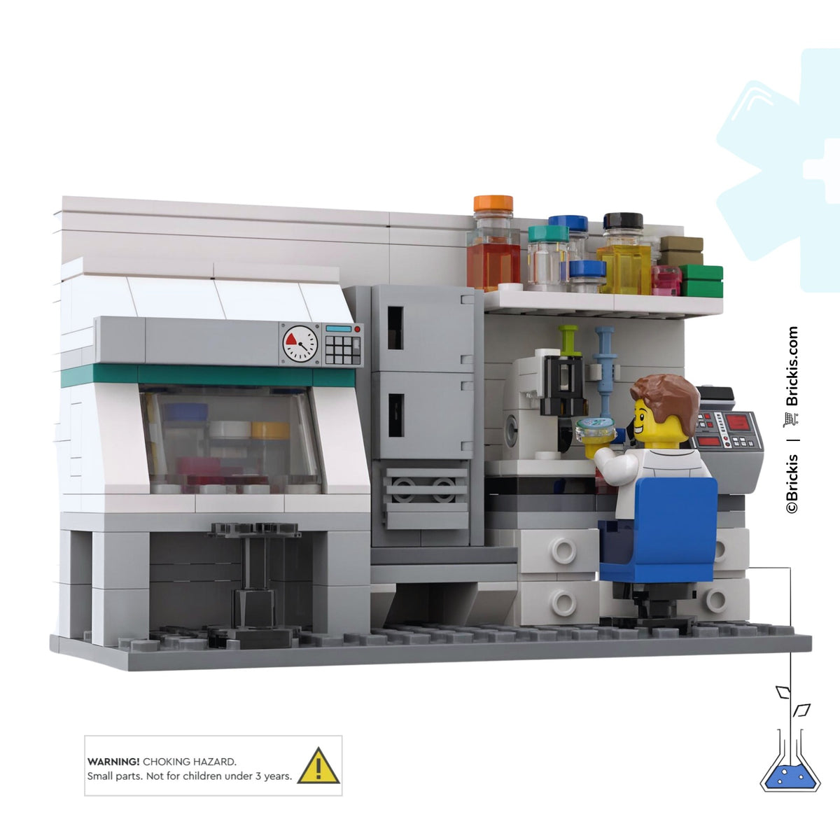 Custom LEGO biotechnology laboratory by Brickis featuring a scientist examining a cell culture dish beside a laboratory microscope, cell culture cabinet and incubator.