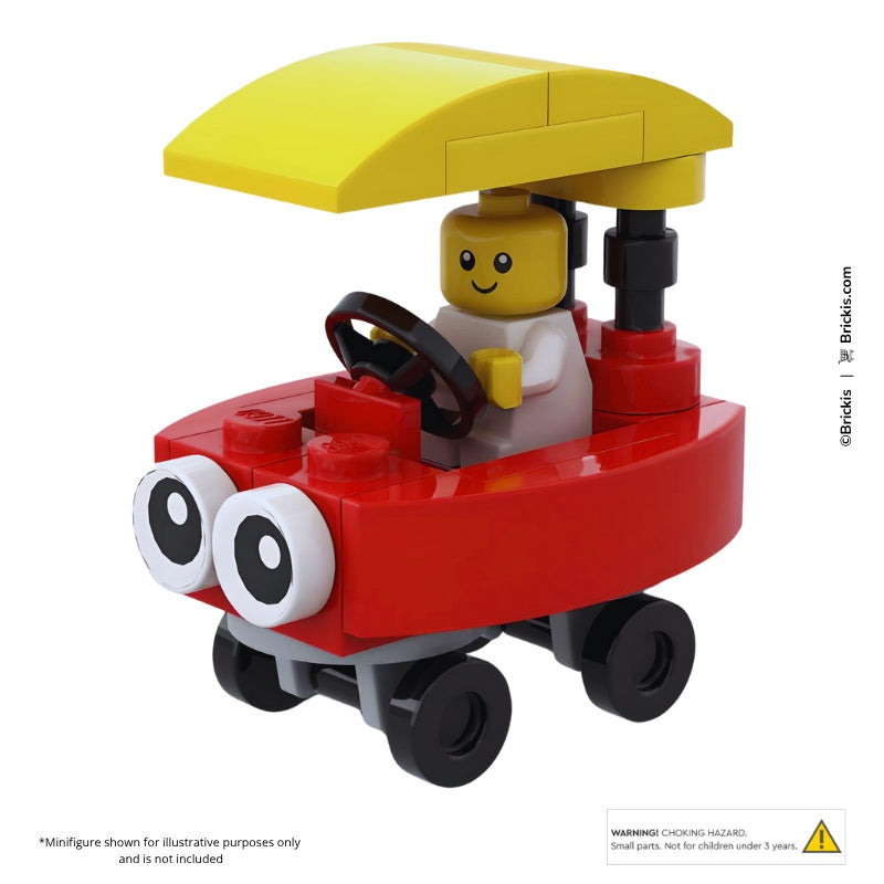 Custom LEGO Cozy Coupe style push car MOC built with red and yellow LEGO bricks