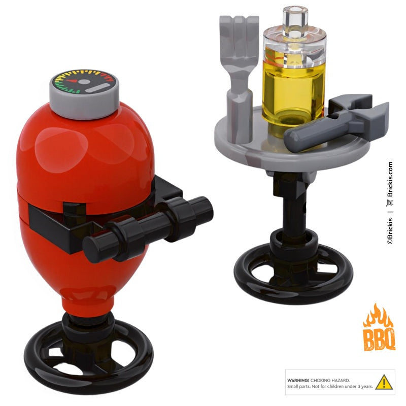 Custom LEGO Kamado BBQ MOC with red grill, barbecue utensils, oil bottle, and side table – built from genuine LEGO® bricks