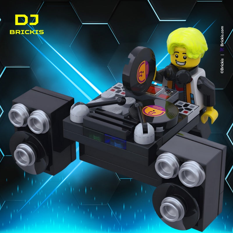 
                  
                    Custom LEGO DJ mixer console with double turntables and built-in speakers at minifigure scale.
                  
                