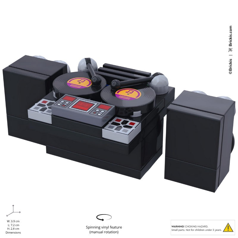 
                  
                    Mini LEGO DJ booth with double vinyl records, speakers, and mixer elements for music-themed builds.
                  
                