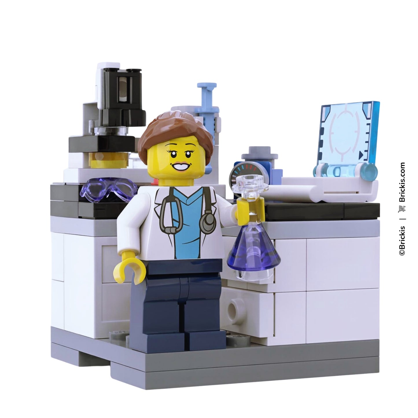 Custom LEGO female scientist minifigure holding laboratory flask with workstation model by Brickis