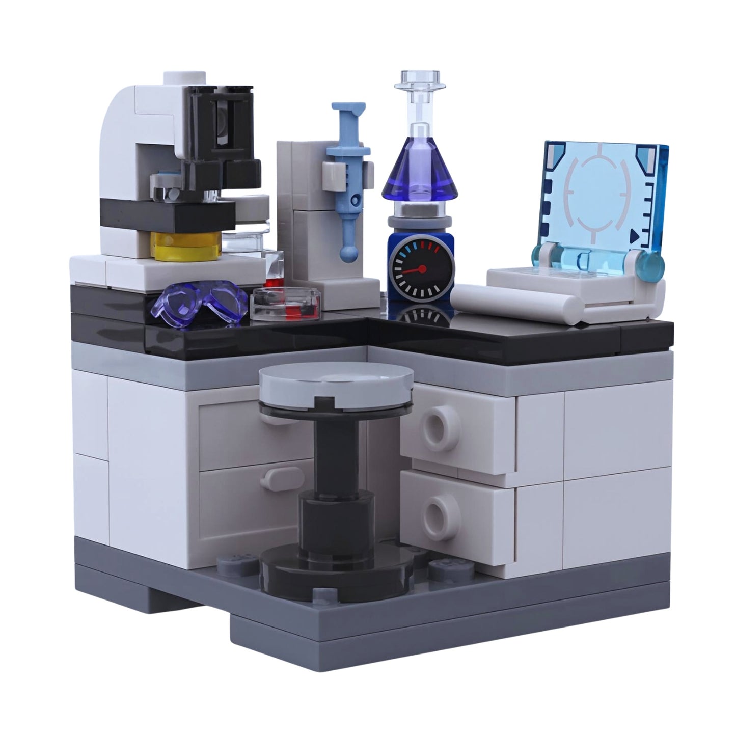 Custom LEGO medical laboratory workstation with microscope scientific equipment model by Brickis