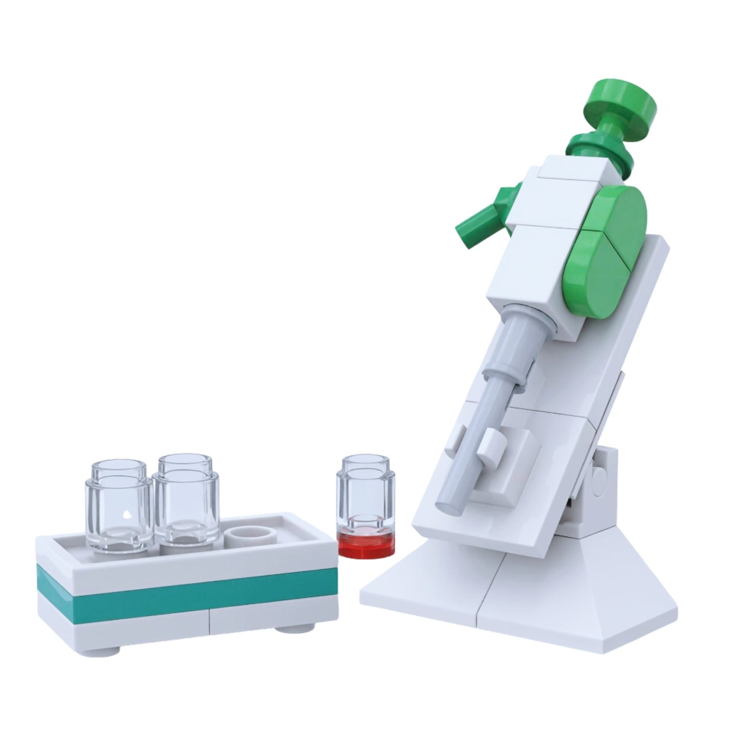 Custom LEGO micropipette with sample vials laboratory display model by Brickis