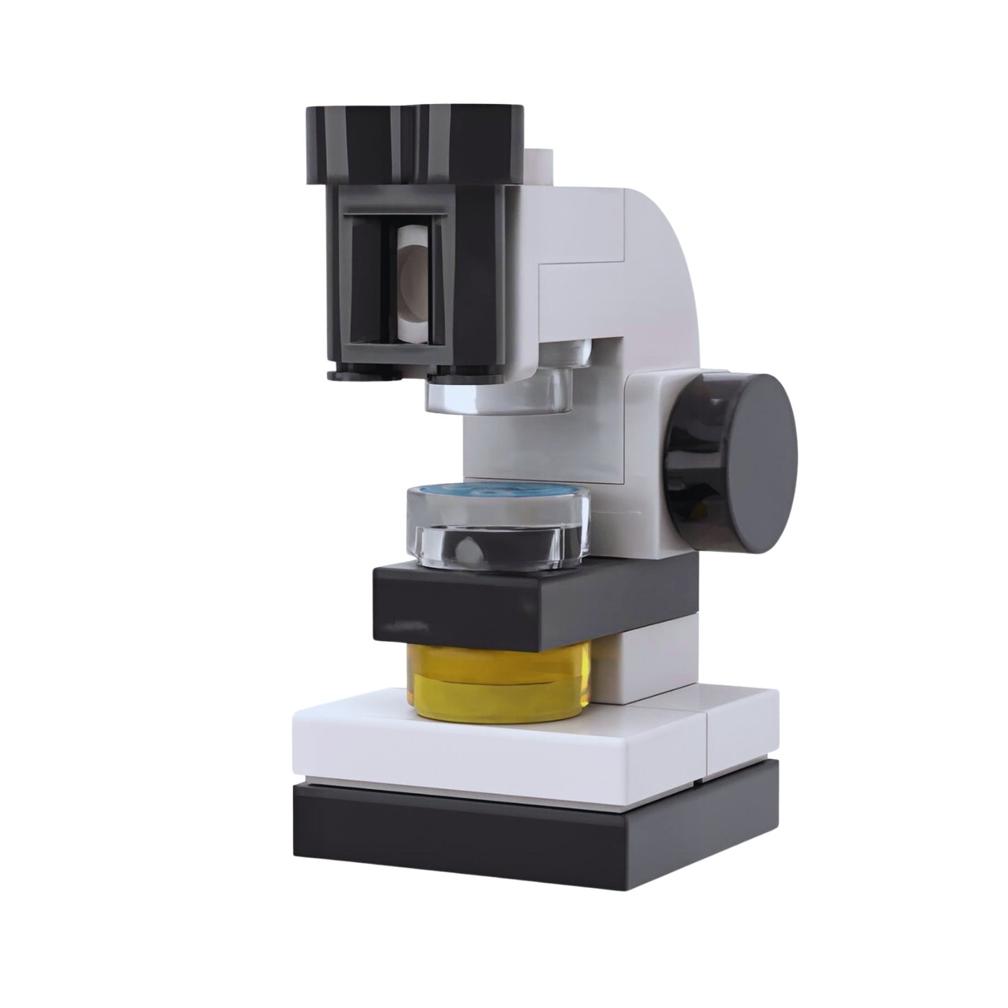 Custom LEGO microscope model representing medical laboratory equipment by Brickis