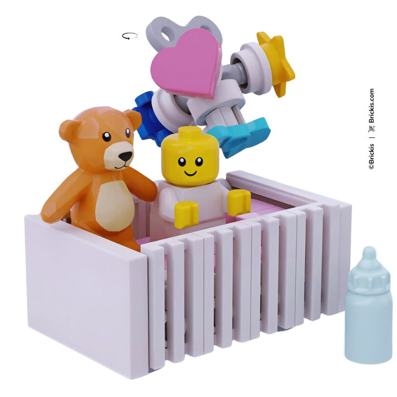 
                  
                    Custom LEGO baby crib nursery MOC with teddy bear, milk bottle, and colorful hanging toy mobile – perfect gift for baby shower or newborn-themed LEGO scenes
                  
                