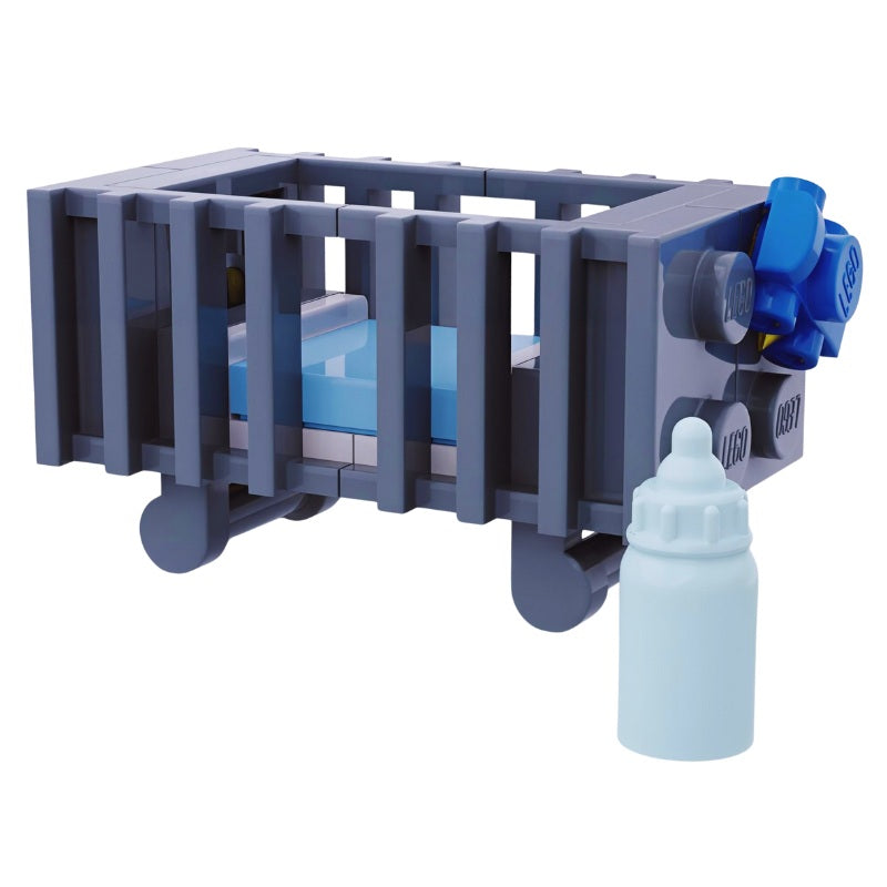 Custom LEGO baby crib in dark gray with blue bedding and bottle – perfect for newborn-themed nursery builds