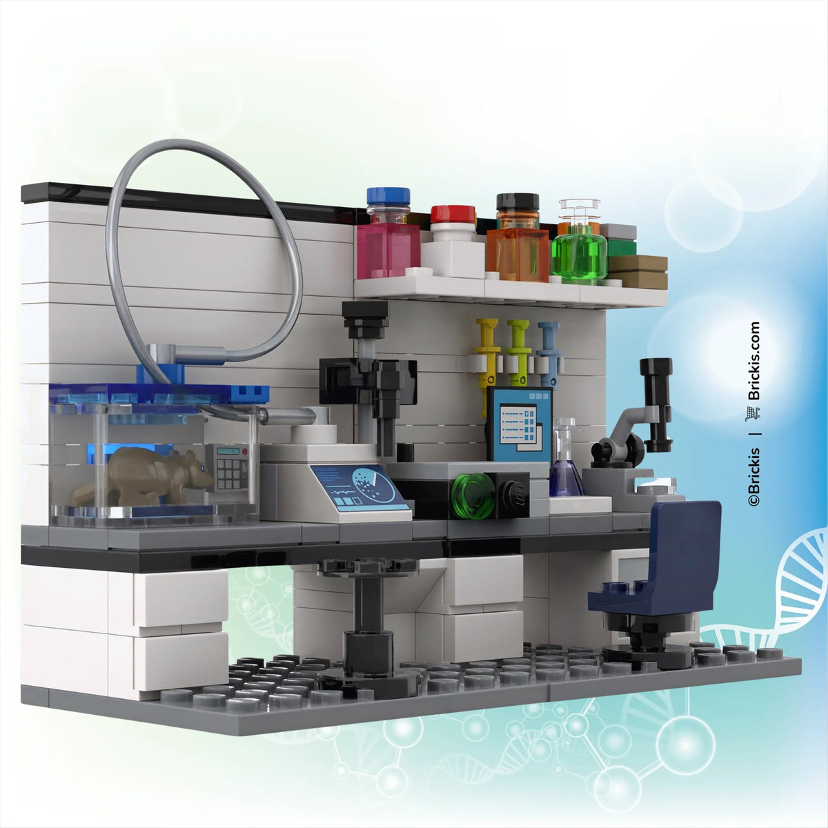 Brickis custom LEGO minifigure-scale optogenetics laboratory featuring an experimental mouse chamber, fiber-optic cable, optogenetics system and laboratory micropipettes.