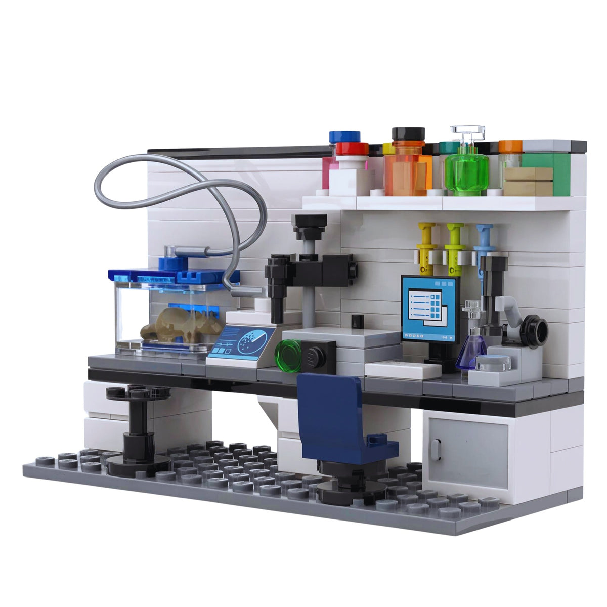 Custom LEGO optogenetics and neuroscience research laboratory featuring an experimental mouse chamber, fiber-optic cable, optical imaging equipment and scientific workstation.