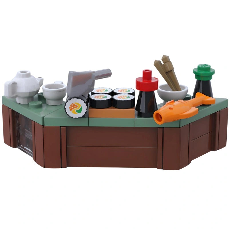 Custom Minifigure-scale LEGO deluxe sushi bar with Asian cuisine details and colorful dishes