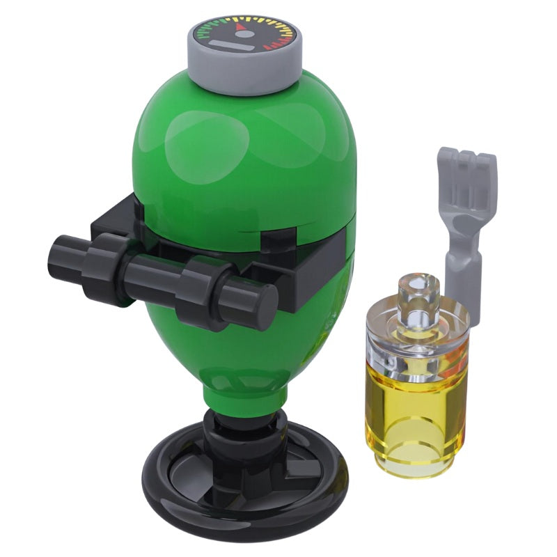 Green kamado-style LEGO grill with signature air control valve on lid – outdoor barbecue mini-build for summer scenes