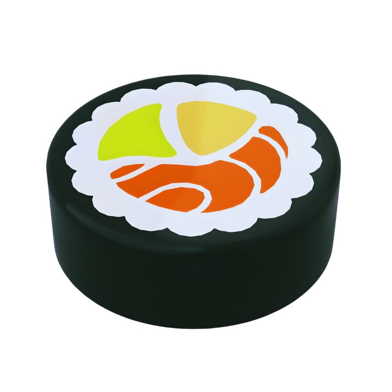 Genuine LEGO part 98138pb038, sushi salmon maki tile round, food-themed accessory for custom builds