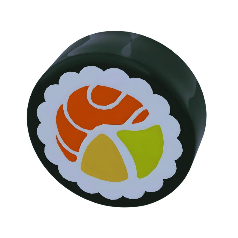 LEGO 98138pb038 round 1x1 black tile with printed salmon sushi maki roll pattern, front view