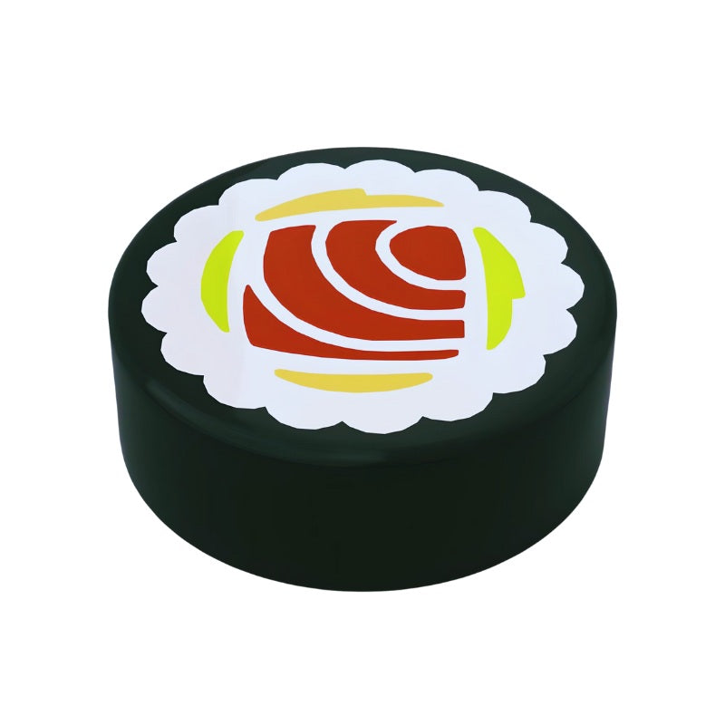 Detailed image of LEGO 98138pb077 black round tile featuring tuna maki sushi design for MOCs
