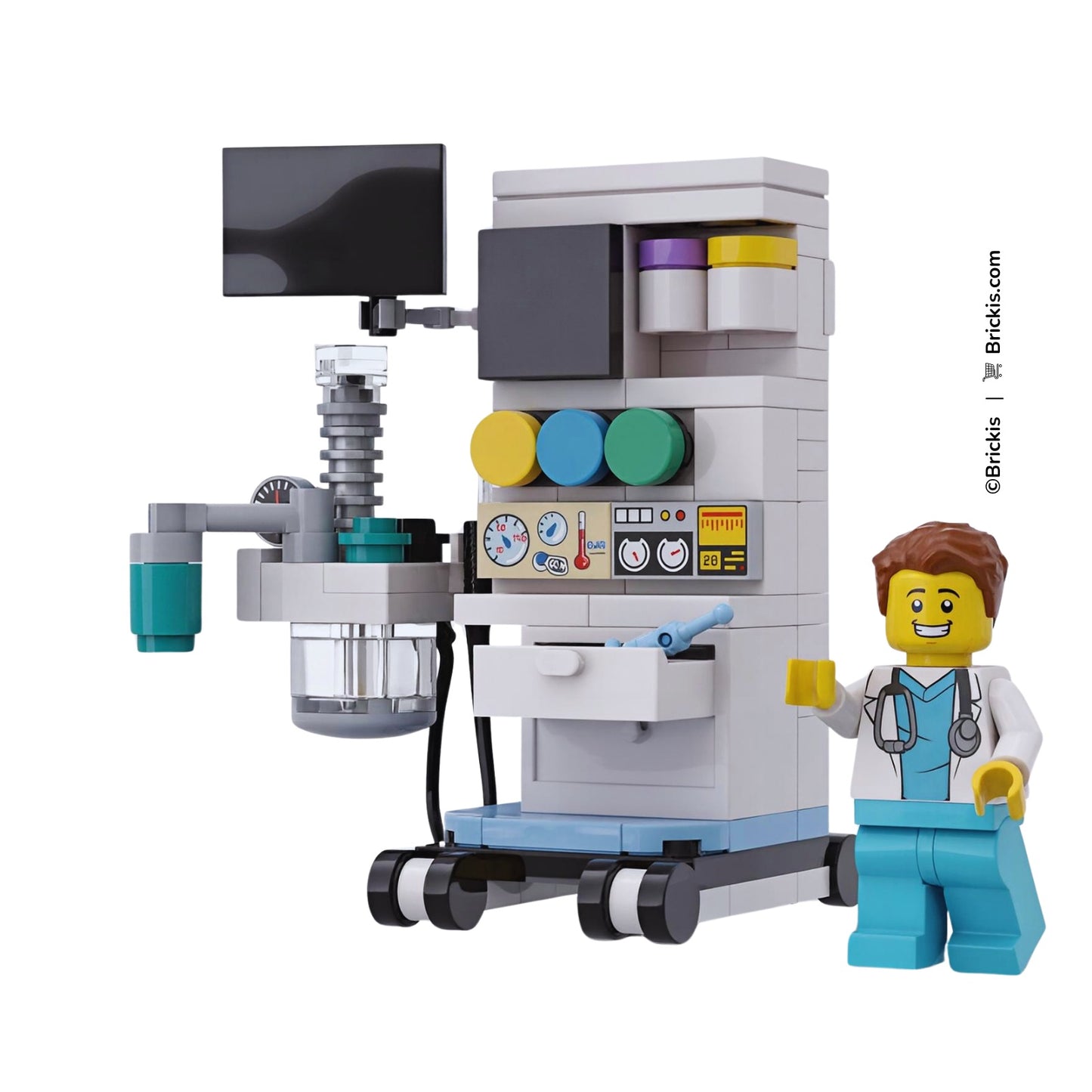 LEGO anesthesia machine with monitor, oxygen control system and breathing unit, hospital medical equipment model