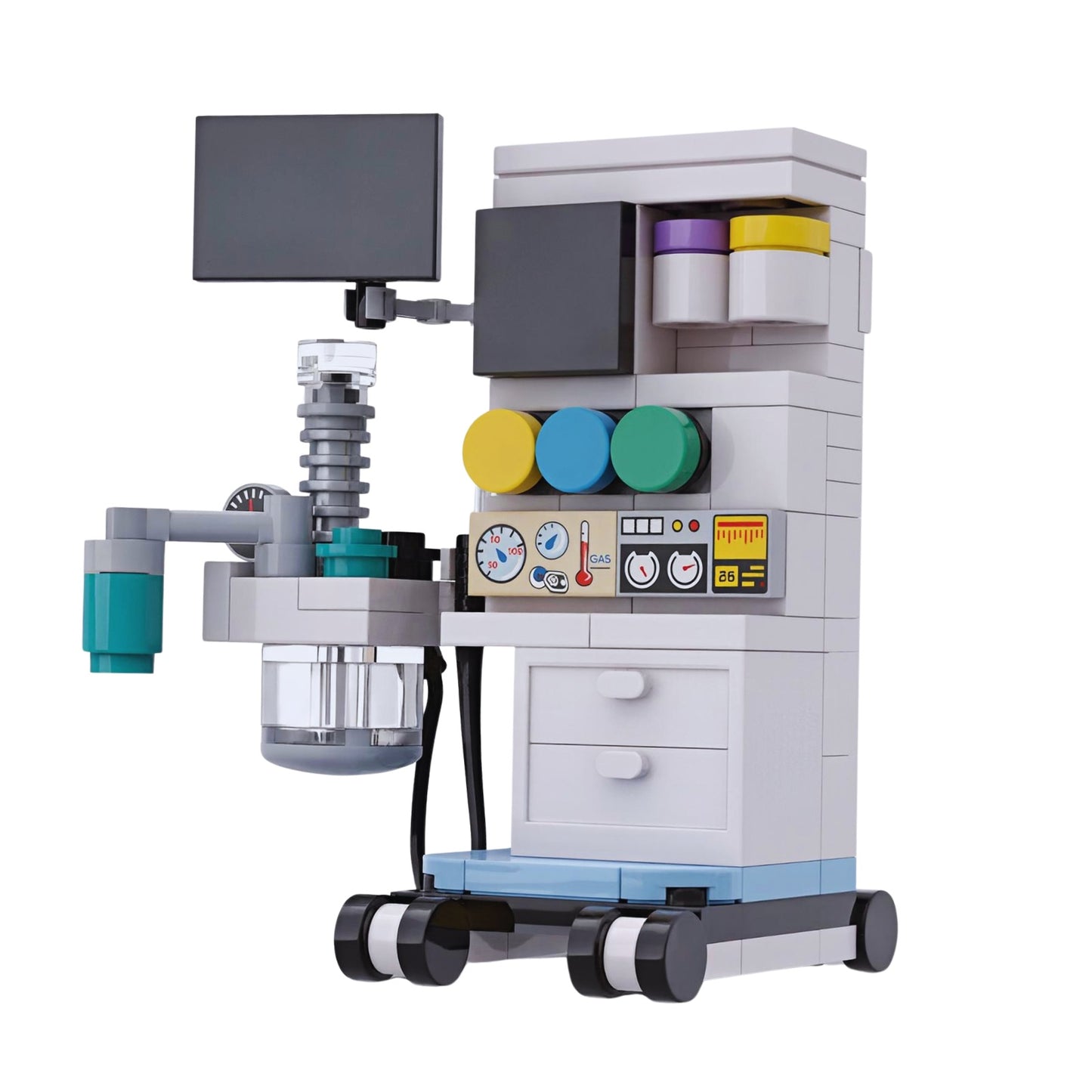 Custom LEGO anesthesia machine with oxygen control panel, pressure gauges, flow regulators and monitor, inspired by real hospital anesthesia equipment