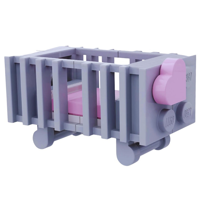 
                  
                    Mini LEGO crib build for newborn girl with pink heart accent and milk bottle
                  
                