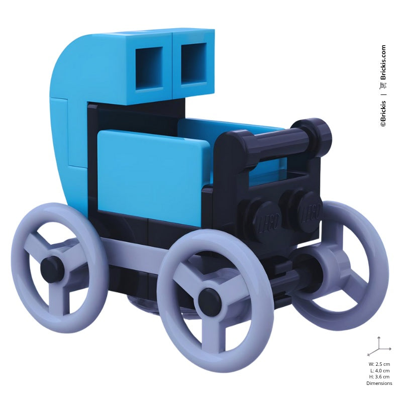 
                  
                    LEGO turquoise baby bassinet pram MOC, nursery-themed buggy pushchair build for baby shower gifts or collectors. By Brickis.
                  
                