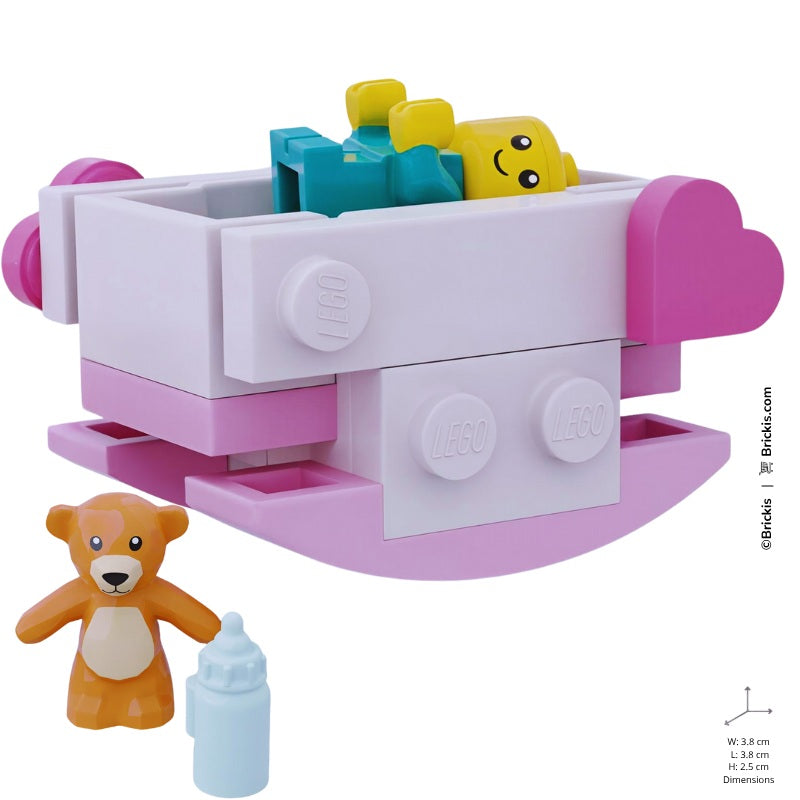 
                  
                    LEGO newborn baby cradle build featuring a heart design, teddy bear, and milk bottle
                  
                