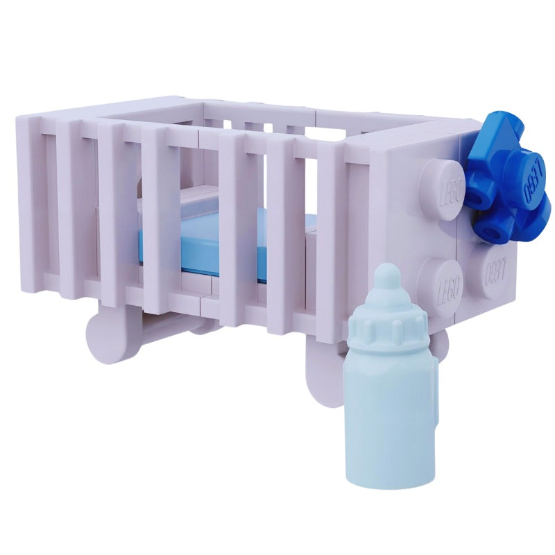 Custom LEGO nursery cot with blue pillow and baby feeding bottle