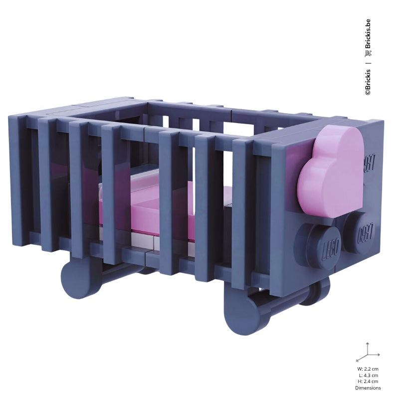
                  
                    Mini LEGO nursery baby cot in dark gray with pastel bottle and bedding – perfect for baby shower gifts or expanding MOC sets
                  
                