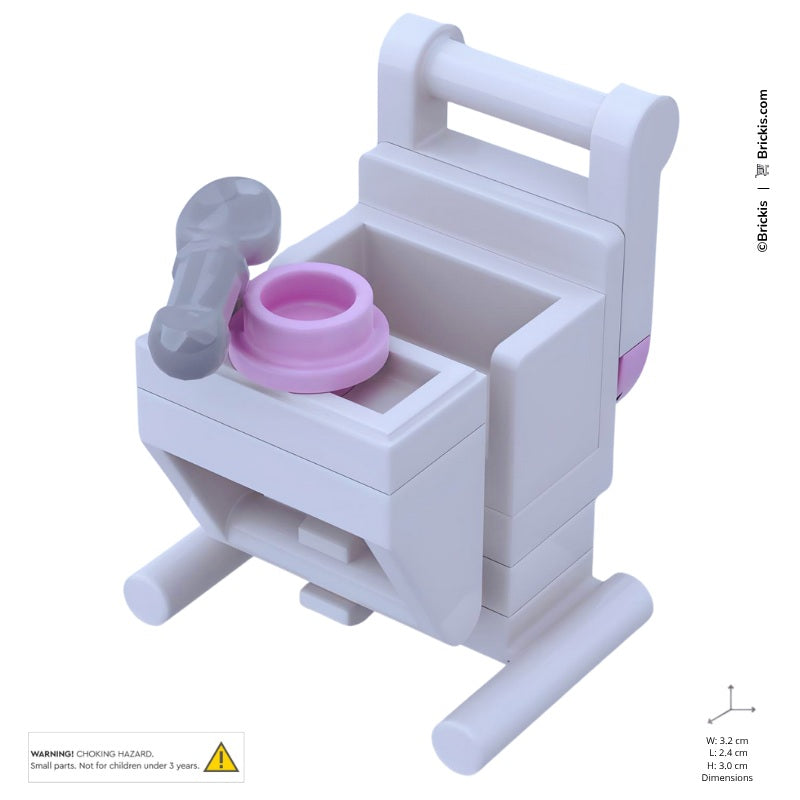 Custom LEGO baby high chair MOC with pink feeding tray and spoon, perfect nursery furniture gift for minifigure baby shower or birth announcement scenes.