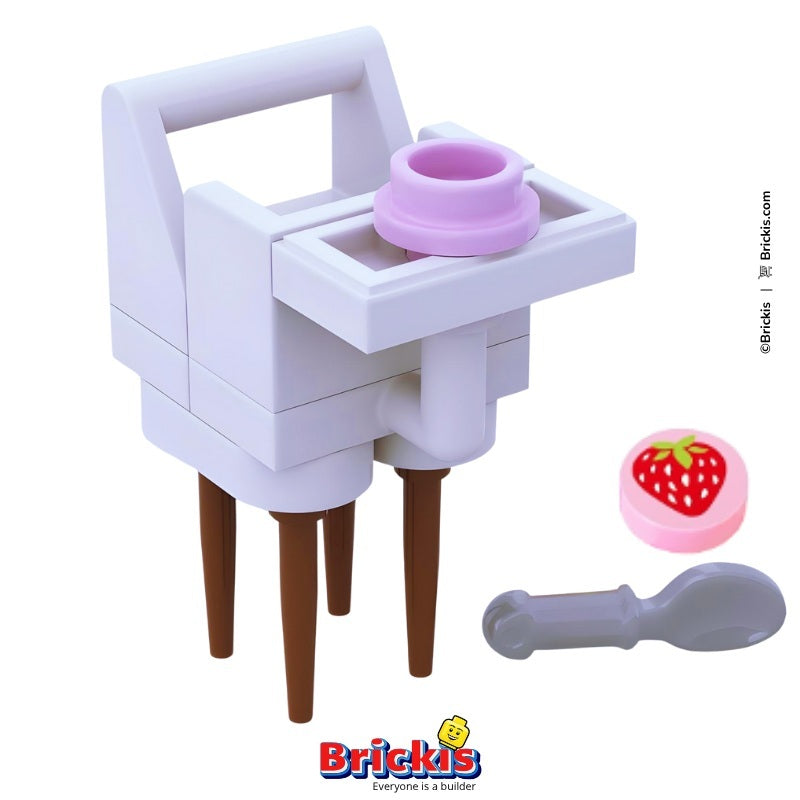 
                  
                    White LEGO baby high chair with wooden-style legs, includes baby snack plate, spoon, and printed strawberry accessory. Designed by Brickis
                  
                