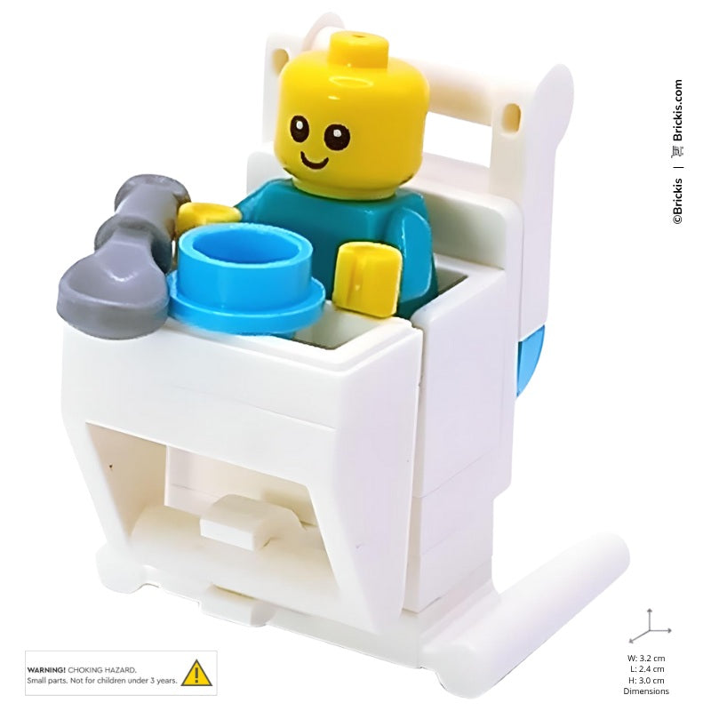 Custom LEGO baby high chair MOC with minifigure seated, dining board and spoon included for nursery play