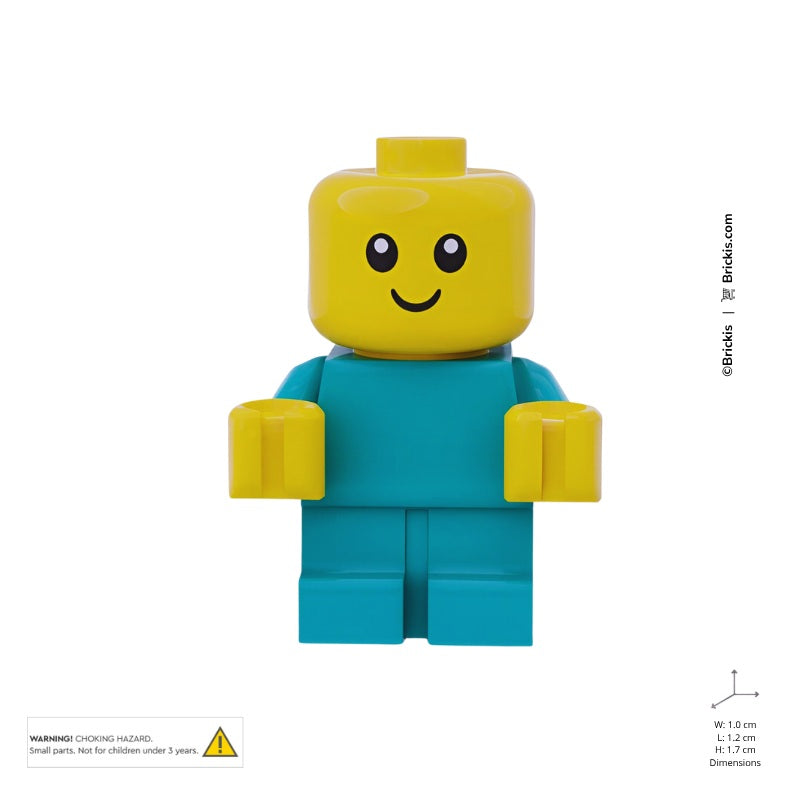 Adorable LEGO baby figure with turquoise body and smiling yellow face, perfect for nursery builds or mini displays cty1186, 25128pb001,  33464pb01