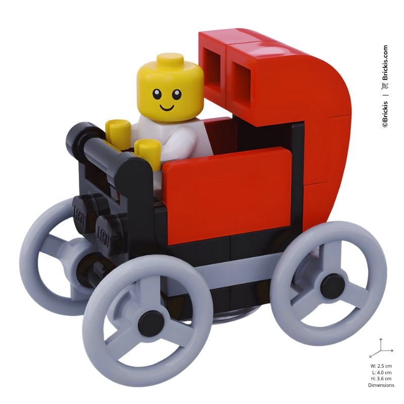  LEGO brick-built red baby pram with classic pushchair look, designed for nursery-themed displays