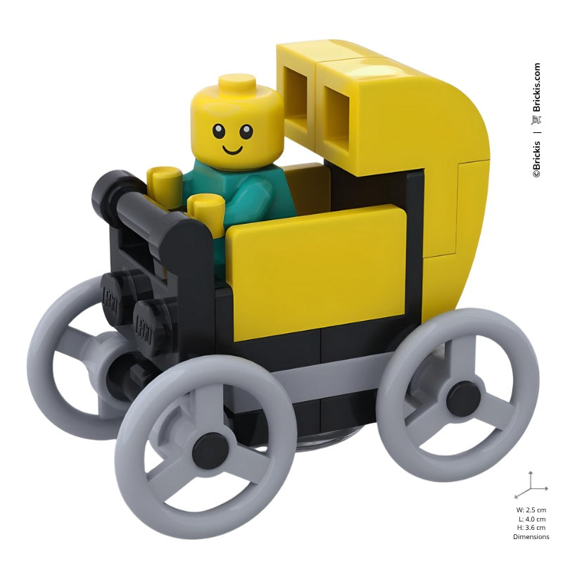 LEGO minifigure-scale yellow baby stroller with nursery-inspired details, perfect for creative play and display.