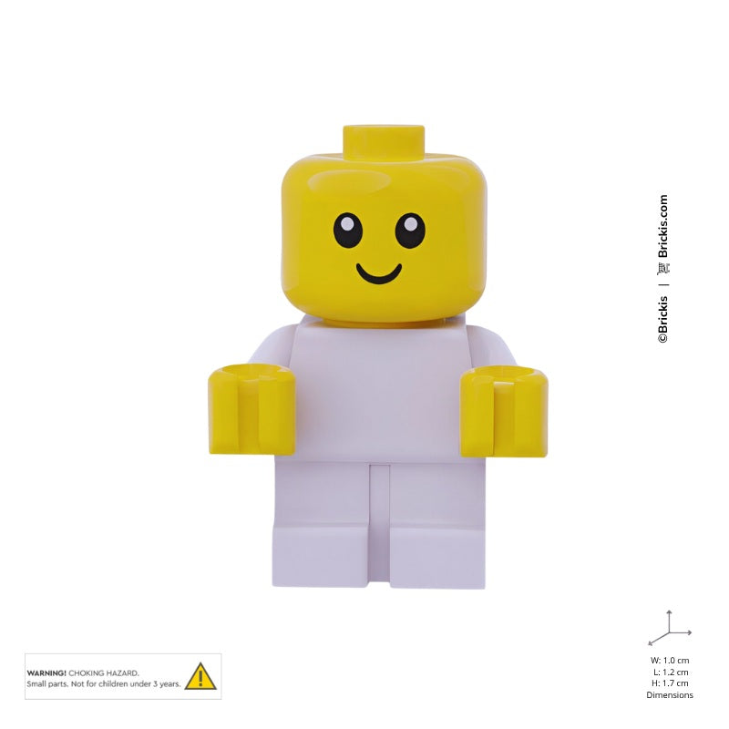 Cute LEGO baby figure with yellow smiling face and white body, perfect for nursery builds or minifigure scenes. Parts njo0446 - 25128pb001 - 33464pb01