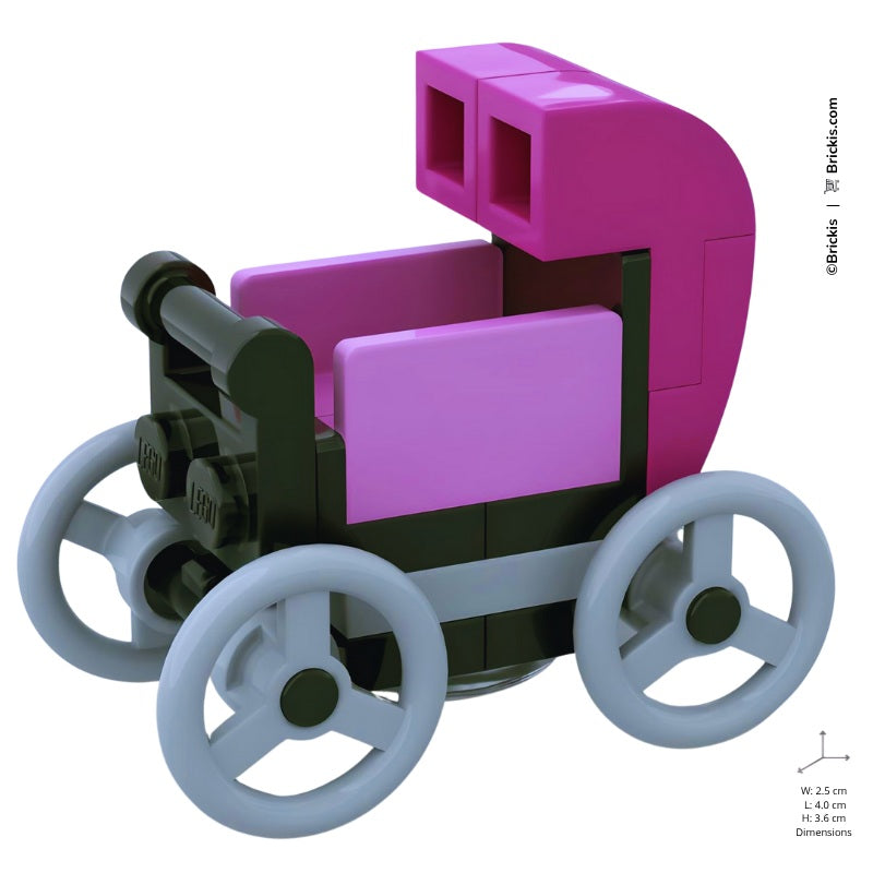 Adorable custom LEGO pink baby stroller with canopy, nursery-inspired design, perfect for charming minifigure nursery displays.