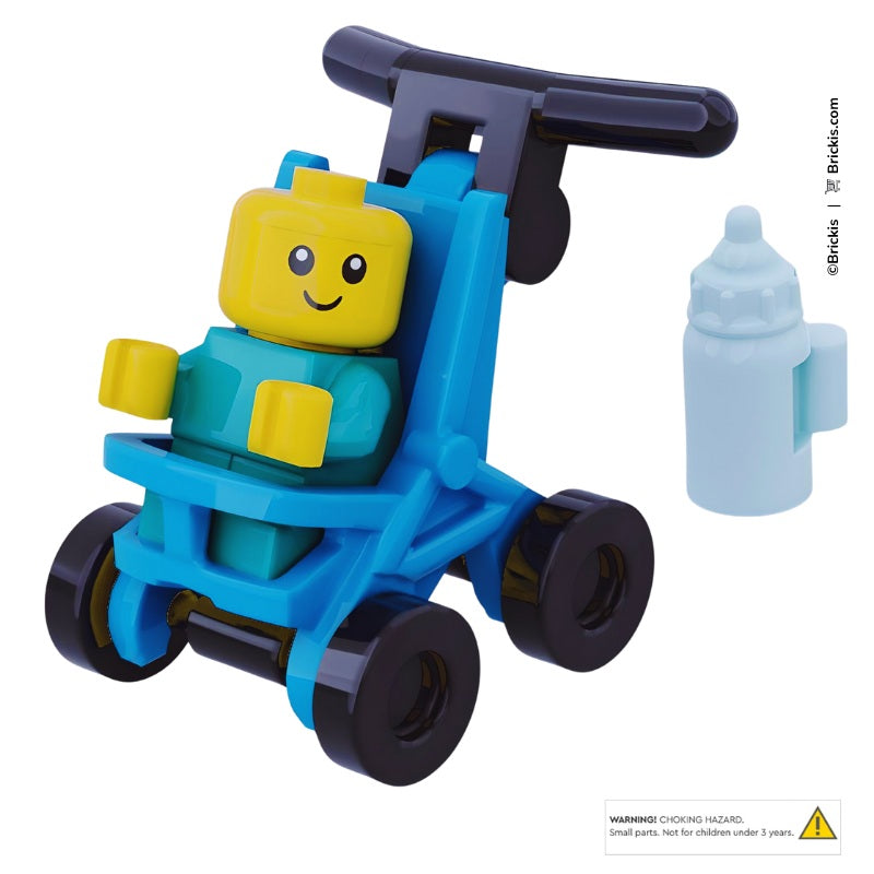
                  
                    Brickis LEGO baby stroller MOC in blue, minifigure-scale nursery pushchair with four wheels and milk bottle
                  
                