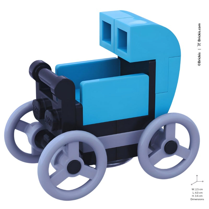 Custom LEGO turquoise baby bassinet pram MOC with nursery-style canopy, inspired by classic buggy pushchairs for minifigure-scale scenes.